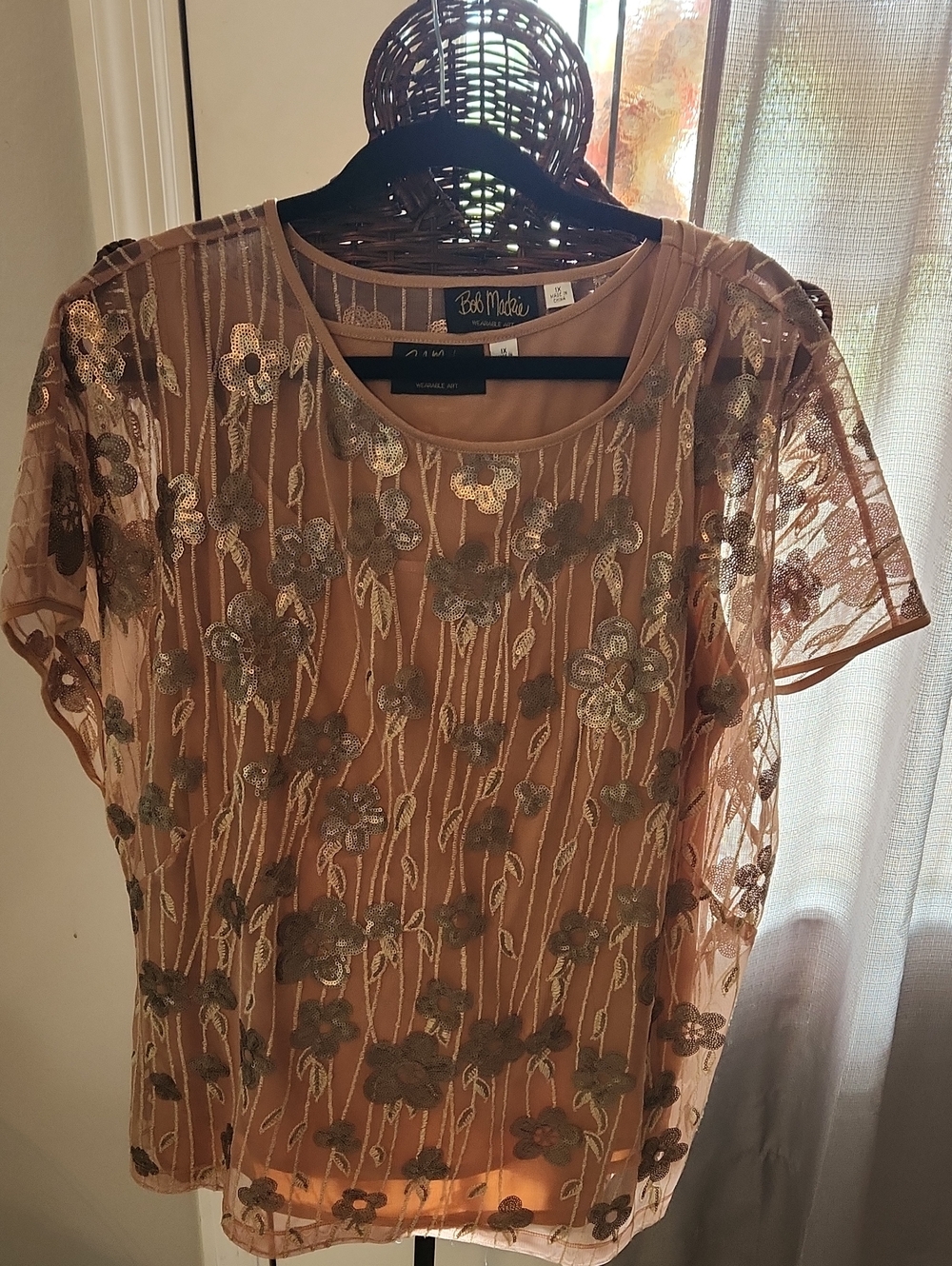Bob Mackie Metallic Floral Embroidered Sheer Blouse - Tan & Gold